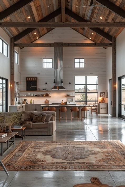 Barndominium Ideas Open Concept, Minimalist Barndominium Interior, Barndominium Interior Walls, Moody Barndominium, Barndominium Open Concept, Inside Barndominium Interior Design, Metal Building Interior, Barndominium Kitchen Open Concept, Modern Ranch Interior