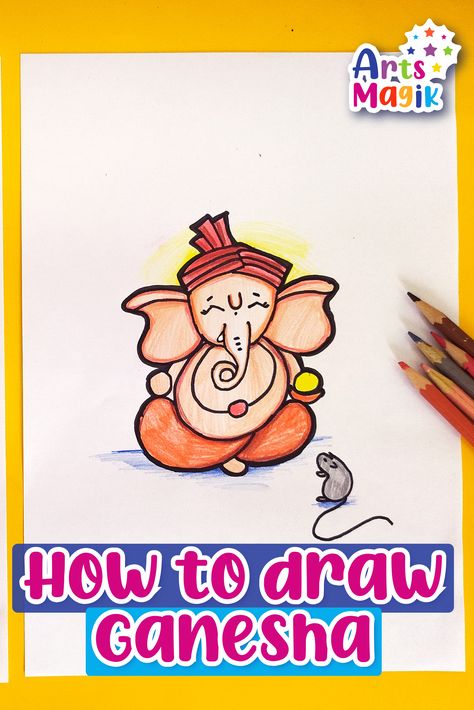 Follow us to learn How to Draw Ganesh - easy step by step guide for your kids to follow. Easy Ganesh Drawing For Kids, Easy Ganesha Drawing For Kids, Ganesh Easy Drawing, Ganesh Drawing For Kids, Ganpati Drawing Easy, Easy Ganesha Drawing, Festive Drawings, Ganesh Drawing, Ganpati Drawing