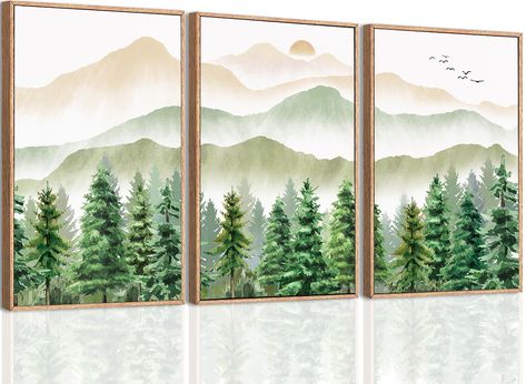 Green Bedroom Artwork, 3 Piece Wall Art Paintings On Canvas, Three Canvas Painting, Easy Nature Paintings, Landscape Wall Painting, Woodland Wall Decor, Nature Canvas Painting, Wall Painting For Living Room, Forest Wall Decor