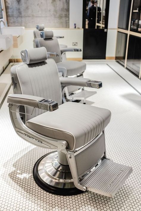 Grey Salon, Barbershop Design Interior, Barber Station, Barber Chair For Sale, Barber Shop Chairs, Barbershop Ideas, Best Barber Shop, Living Room Decor Unique, Barber Shop Interior