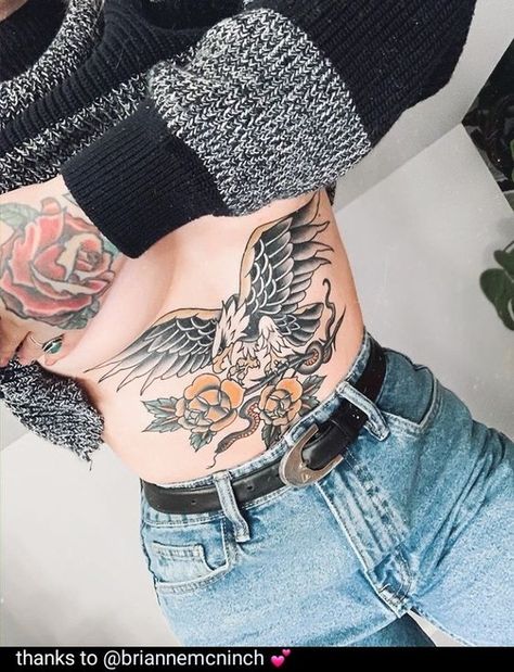 Eagle tattoo underboob sternum Eagle Back Tattoo, Traditional Tattoo Filler, Traditional Back Tattoo, Traditional Eagle Tattoo, Tummy Tattoo, Traditional Tattoo Inspiration, Stomach Tattoos Women, Belly Tattoos, Torso Tattoos