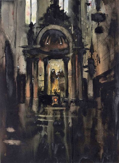 Keith Hornblower,  Interior of a church in the Gothic quarter of Barcelona. Gothic Watercolor, Watercolor City, Gothic Quarter, Gothic Church, City Painting, The Gothic, Funky Art, Art Class, Art Classes