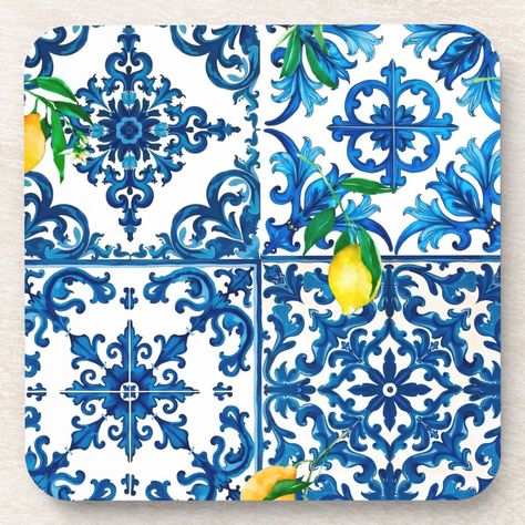 Italian style,Mediterranean,mosaic,blue,lemon, Beverage Coaster Mediterranean Mosaic, Italian Style, Drink Coasters, Home Decor Wall Art, Coasters, Mosaic, Dolce And Gabbana, Lemon, Gift Ideas