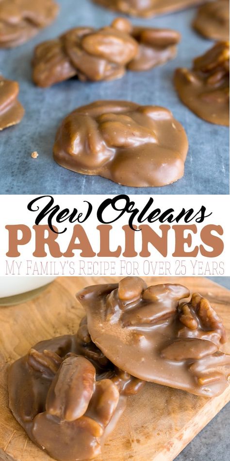 This pralines recipe has been a family recipe that my mom has been making for over 25 years. Whole snappy pecans in a browned sugar coating, these treats are a kind of cookie that is a classic in the south and, especially, New Orleans. Pralines Recipe, New Orleans Pralines, Praline Candy, Praline Recipe, Cookie Making, Covered Pretzels, Pecan Pralines, Christmas Candy Recipes, Candy Recipes Homemade