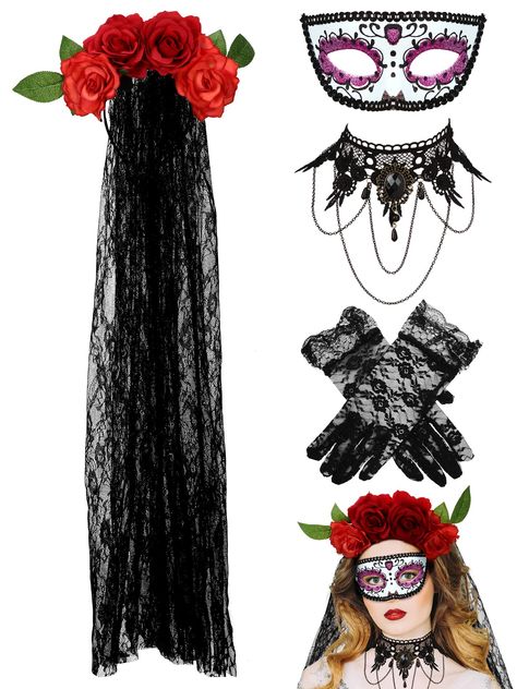 PRICES MAY VARY. Halloween Jewelry Set: the package comes with 1 piece of Halloween flower crown, about 85 cm/33.5 inches, 1 piece of masquerade mask for women, 1 piece of lace gothic necklace, and 1 pair of lace gloves, the nice combination and sufficient quantity can support your use needs Wide Range of Applications: the Day of the Dead accessories set can be applied in various occasions, including Halloween party, Day of the Dead, masquerade party, costume play, Halloween clubs, birthday part Mexican Witch Costume, Dia De Los Muertos Costumes For Women, Day Of The Dead Outfit, Headpiece Veil, Catrina Costume, Veil Simple, Day Of The Dead Mask, Dead Costume, Black Lace Gloves