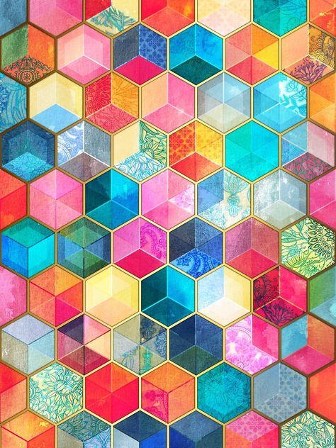 Crystal Bohemian Honeycomb Cubes - colorful hexagon pattern by micklyn Karakter Disney, Colors And Patterns, Bohemian Colors, Design Textile, Hexagon Pattern, Pattern Iphone Case, Pattern Iphone, Pics Art, Design Floral