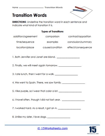 Types Of Transitions Worksheet - 15 Worksheets.com Transition Words Worksheet, Words Worksheet, 5th Grade Worksheets, Telling Time Worksheets, Transition Words, Time Worksheets, Free Math Worksheets, Resignation Letter, Comprehension Worksheets