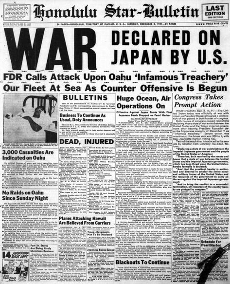 WWII Headlines - Japanese bomb Pearl Harbor in Hawaii Pearl Harbour Attack, Stolen Valor, Pearl Harbour, Family Circus, Historical Newspaper, News Paper, History Projects, Vintage Americana, American Soldiers