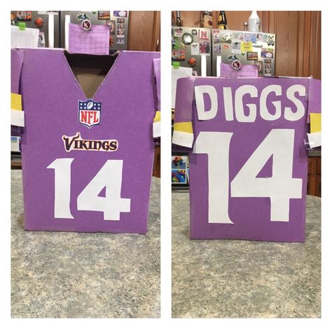 Vikings Valentine’s box Minnesota Vikings Valentines Boxes, Vikings Valentines Boxes, Football Jersey Valentines Boxes, Football Valentines Boxes, Patriot Day Crafts For Kids, Girls Valentines Boxes, Kids Valentine Boxes, Boys Valentines, Middle School Boys