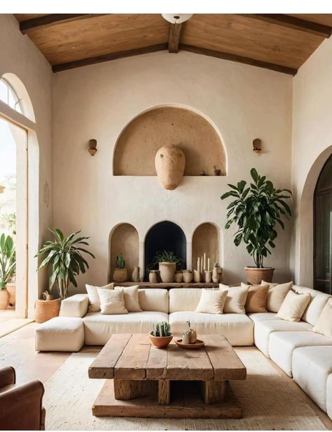 Plaster Living Room, Mexican Ranch, Spanish Living Room, Modern Mediterranean Home, Resort Interior Design, Moroccan Houses, Boho Style Interior, Dream House Aesthetic, Earthy Home