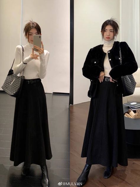 Floral Skirt Korean Outfit, Black Skirt Classy Outfit, Work Outfit Long Skirt, Winter Long Black Skirt Outfit, Black Outfit Korean Casual, Long Black Skirt Outfit Winter Korean, Black Skirt Modest Outfit, Korean Outfits Long Skirt, Long Skirt Style Fashion Ideas