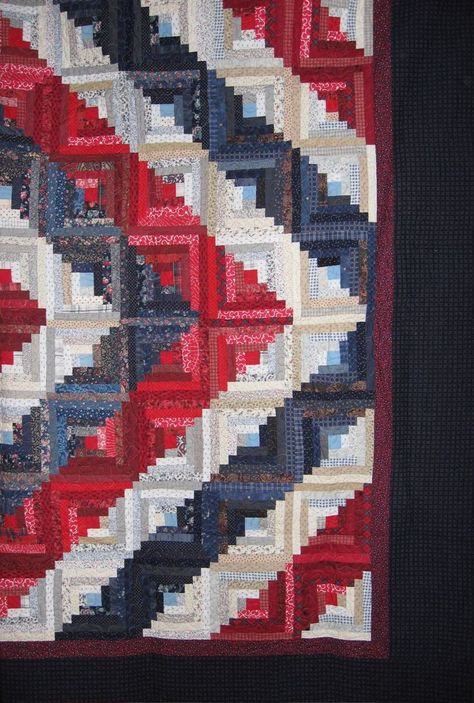 patriotic red white and blue log cabin #quilt in a barn raising setting White And Blue Quilt, Valor Quilts, Quilt Log Cabin, Log Cabin Blocks, Log Cabin Quilt Blocks, Log Cabin Quilt Pattern, Flag Quilt, Quilts Of Valor, Blue Quilt