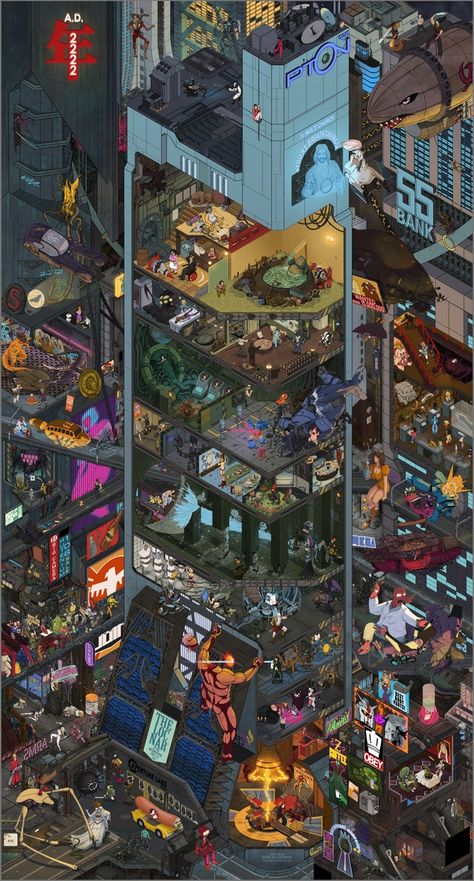 A giant poster of fantastic movie heroes & super game characters, set in AD 2222. Ultra detailed and fully hand-drawn Character Poster, Giant Poster, Wheres Waldo, Isometric Art, Cyberpunk City, Japon Illustration, Computer Art, Cyberpunk Character, Pop Art Wallpaper