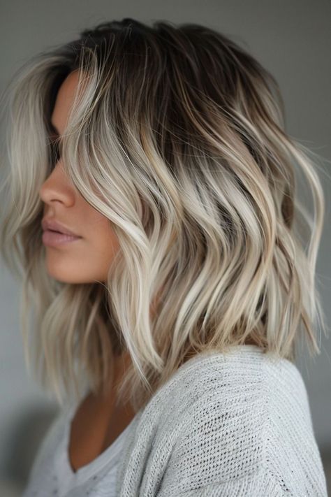 Transitioning From Dark To Light Hair, Short Blonde Lob Textured Bob, Dark Root Blonde Bob, Blond Bob With Dark Roots, Short Rooty Blonde Hair, Dark Short Hair With Blonde Highlights, Blond Balayage Lob, Blonde Lob Dark Roots, Pretty Ponytails Easy Medium Length