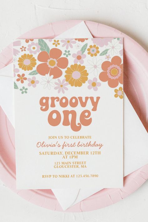 Groovy One Retro Floral first birthday Invitation Groovy One First Birthday, Groovy One Birthday, Floral First Birthday, Groovy One, Theme First Birthday, 1st Birthday Party Themes, Retro Birthday, Birthday Themes, First Birthday Invitations