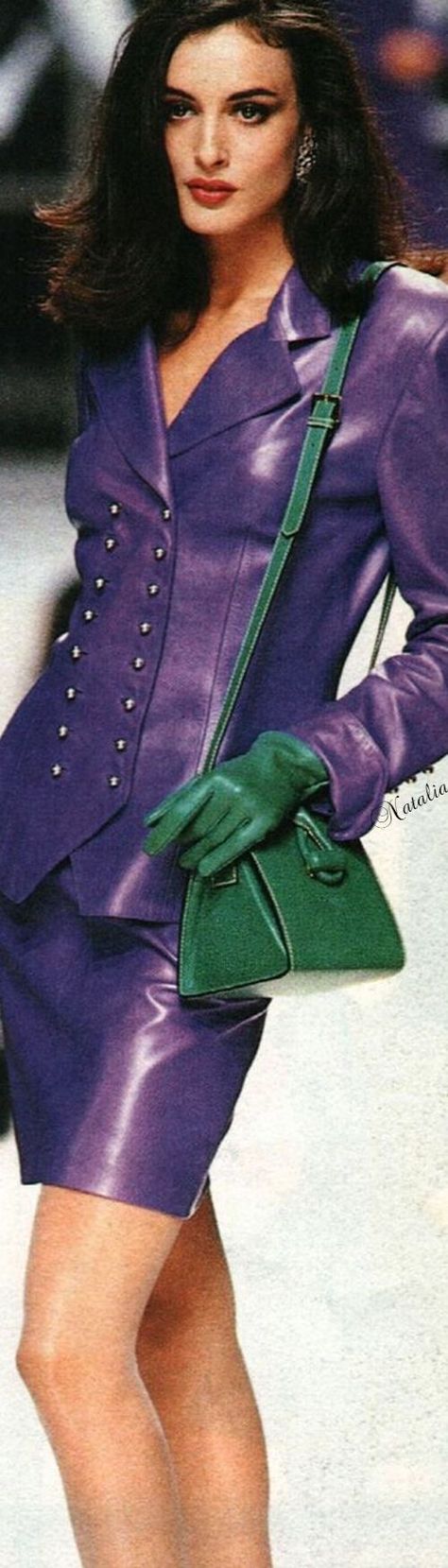 Purple Runway Fashion, Green And Purple Outfit, Purple Leather Jacket, 90s Runway Fashion, Purple Outfits, Purple Leather, Fur Fashion, Leather Dresses, Leather Outfit