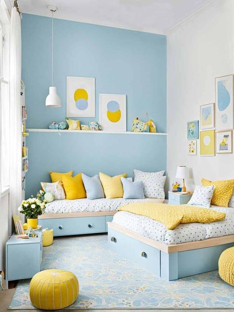 21  Yellow Girls Bedroom Ideas (with Color Schemes Inspo) Light Blue And Yellow Bedroom, Bedroom Ideas With Color, Blue And Yellow Bedroom, Yellow Girls Room, Girls Bedroom Organization, Blue Yellow Bedrooms, Yellow Girls Bedroom, Yellow Bedroom Ideas, Girls Bedroom Storage