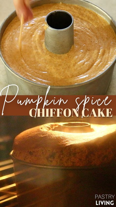 Pumpkin spice chiffon cake right before it's baked and almost done being baked. Pumpkin Chiffon, Pumpkin Spice Cake Recipe, Pumpkin Chiffon Pie, Pumpkin Pie Cupcakes, Pumpkin Spice Cake, Cake Recipes From Scratch, Healthy Cake, Chiffon Cake, Pastry Cake