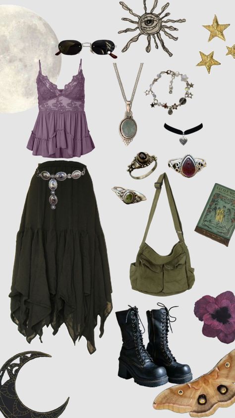 #whimsigoth #whimsigothic Goth Outfit Ideas, Lesbian Fashion, Earthy Outfits, Hippie Style Clothing, Witch Outfit, Event Outfit, Goth Outfits, Hippie Outfits, Edgy Outfits