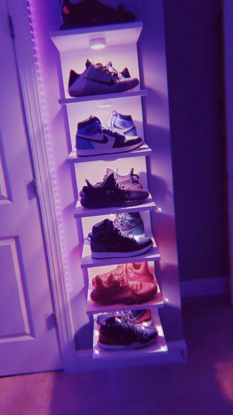 my small shoe stand Jordan Shoe Display Ideas, Led Shoe Rack, Light Up Shoe Rack, Led Sneaker Display, Shoe Stand Ideas Bedroom, Room Shoe Display Aesthetic, Shoe Rack Led, Led Light Shoe Shelf, Shoe Collection Aesthetic Room