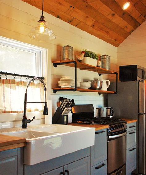 Kitchen Sink Decor Ideas, Cabin Colors, Diy Open Shelving, Kitchen Sink Decor, Land Ideas, Cabin Remodel, Cabin Kitchen, Galvanized Pipe, Pretty Kitchen