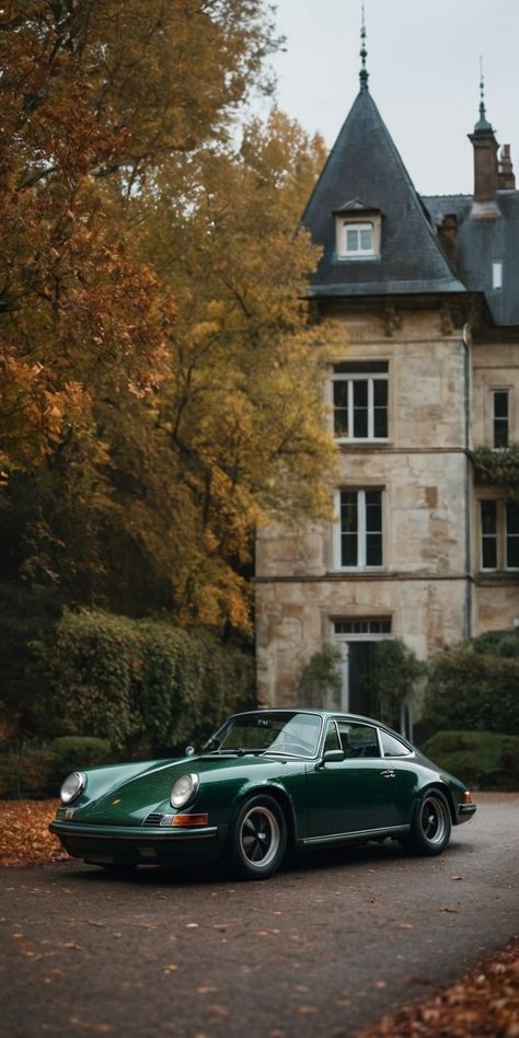 Old Money Porsche Wallpaper, Green Porche Car Wallpaper, Vintage Green Porsche, Fall Cars Wallpaper, Old Money Cars Wallpaper, Green Porsche Cayenne, Old Porsche Wallpaper, Retro Cars Aesthetic, Dark Green Porsche