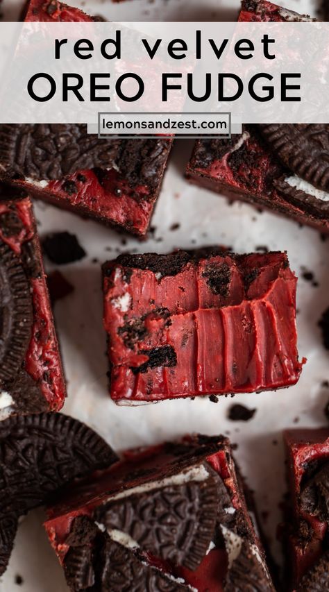 This Oreo Red Velvet Fudge is a simple, delicious treat the whole crew will love. Only 10 minutes to prepare, the red color gives it a fun and more festive feel for any celebration. Perfect to gift to someone special, enjoy with your friends and family and so much more! Velvet Fudge, Red Velvet Fudge, Velvet Brownies, Red Velvet Oreo, Red Velvet Recipes, Red Velvet Brownies, Oreo Fudge, Holiday Favorite Recipes, Red Food Coloring