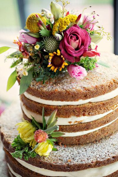 Beautiful wedding cake - carrot with exposed cream cheese frosting and wild flowers! Carrot Cake Wedding Cakes, Carrot Cake Wedding, Naked Cake Wedding, Wedding Cakes Simple, Texas Wedding Ideas, Cakes Simple, Naked Cakes, Cake Wedding