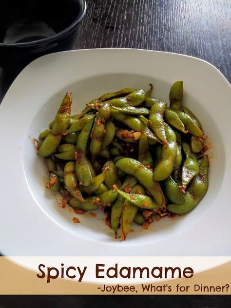 Spicy Edamame:  Young soybeans, in the pod, sauteed in ginger, garlic, soy sauce, and sriracha.  A spicy, salty, and nutritious snack. Fried Edamame, Edamame Recipes Spicy, Spicy Edamame, Edamame Recipe, Frozen Edamame, Edamame Recipes, Healthier Alternatives, Sushi Night, Dinner Sides