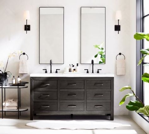 Bathroom: Ideas, Inspiration, Furniture & Decor | Pottery Barn Hidden Bath, Light Yellow Fabric, Pottery Barn Bathroom, Barn Bathroom, Moon Mirror, Rustic Wall Sconces, Vintage Wall Lights, Double Sink Vanity, Bathroom Wall Sconces