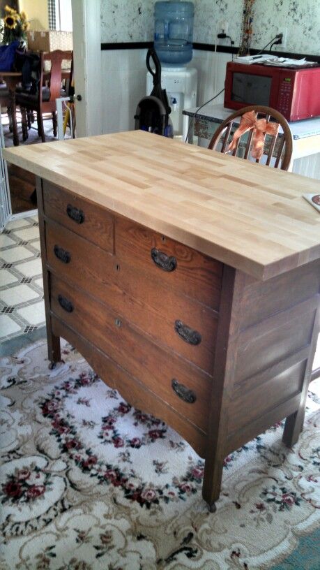 Diy Dresser Kitchen Island, Diy Butcher Block Island, Movable Island, Fusion Paint Furniture, Vintage Kitchen Island, Buffet Island, Farmhouse Porches, Build Kitchen Island, Kitchen Butcher Block