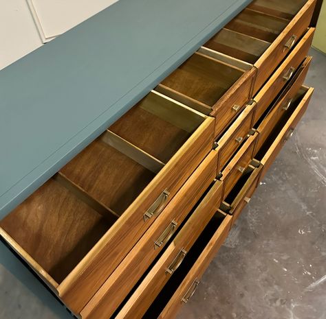 A stunning piece with beautiful wood grain paired with a lovely blue sage tone that looks greenish depends on lighting 👀 Features TONS of storage in these really deep drawers, very high quality with original hardware and built to last a long time 🔥 Love this one it really gorgeous ❤️ BM- Jack pine Available for sale in Denver,CO $599 Delivery available for a fee Dimensions- 60” long 19” wide 32” tall #explore#fyp#vintage#dresser Ben Napier, Jack Pine, Vintage Dresser, Blue Sage, Vintage Dressers, Denver Co, Built To Last, Wood Grain, Denver