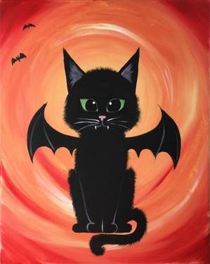 Halloween Canvas Paintings, Halloween Art Projects, Black Cat Painting, Bat Cat, Halloween Rocks, Paint Nite, Black Cat Art, Holiday Painting, Halloween Painting