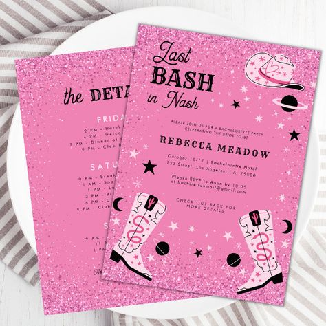 Pink Glam Last Bash in Nash Nashville Bachelorette Invitation Party Invitations Pink, Feminine Boots, Itinerary Invitation, Bachelorette Accessories, Western Girls, Party Itinerary, Bachelorette Hats, Invitations Pink, Bachelorette Party Itinerary