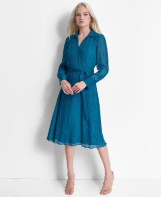 DKNY Women's Crinkle Polo-Collar Tie-Waist Dress - Macy's Teal Glass, Classic Shirt Dress, Tie Waist Dress, Under Dress, Plus Dresses, Donna Karan, Petite Dresses, Designer Suits, Polo Collar