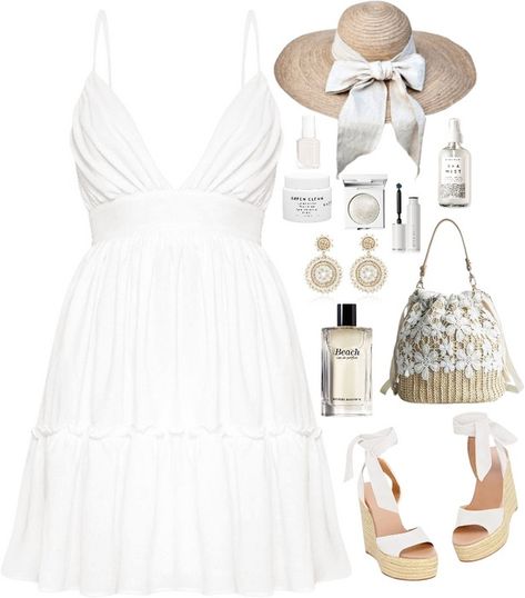 Summer White Outfit | ShopLook Summer Neutral Outfits, White Summer Outfits, Givenchy Beauty, Neutral Outfits, Summer Neutrals, Beach Wave Hair, Lace Up Espadrilles, Outfit Layout, Hair Mist