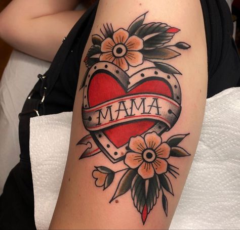 Traditional Heart Ribbon Tattoo, Traditional Initial Tattoo, Neotraditional Mom Tattoo, Mom Heart Tattoo Designs, American Traditional Name Tattoo, Traditional Daughter Tattoo, Tradition Tattoo Sleeve, Traditional Tattoo For Son, Milagros Tattoo