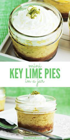 This Key Lime Pies in a Jar recipe makes easy & delicious individually sized desserts in small 4 ounce mason jars that are great for parties, Mother's Day, bridal or baby showers or as a memorable dessert for your family. You’re going to love these! Key Lime Squares, Pies In A Jar, Lime Squares, Mason Jar Pies, Dessert Tarts, Cheesecake Shooters, Key Lime Pies, Mini Key Lime Pies, Jar Desserts