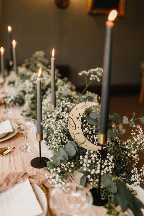 Handmade golden moon table decorations with sage green candles and light pink table runners with foliage and baby's-breath decorations Sage Reception Decor, Celestial Green Wedding, Green Celestial Wedding, Mystical Wedding Theme, Night Sky Wedding Theme, Spiritual Wedding, Peacock Photography, Celestial Wedding Theme, Green Candles