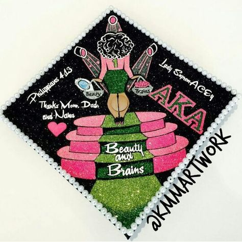 Aka Cap Decoration Graduation, Graduation Cap Designs Aka, Aka Graduation Cap, Sorority Graduation Caps, College Cap Decorations, Cap Inspiration, Sorority Graduation, Aka Sorority Gifts, Graduation Hats