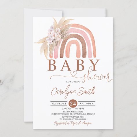 Pink Pampas Grass Boho Rainbow Baby Shower Invitation Pampas Grass Invitation, Rainbow Theme Baby Shower, Rainbow Baby Shower Theme, Rainbow Party Invitations, Pink Pampas, Pink Pampas Grass, Rainbow Baby Shower Invitations, Baby Shower Boho, Rainbow Invitations