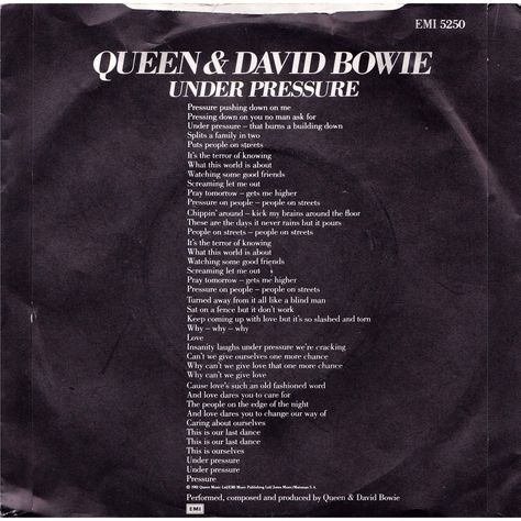 "Under Pressure" by Queen and David Bowie, 1981 Under Pressure Lyrics, Under Pressure Aesthetic, Queen And David Bowie, David Bowie Under Pressure, Queen David Bowie, Queen Lyrics, Music Board, Hozier, I Am A Queen