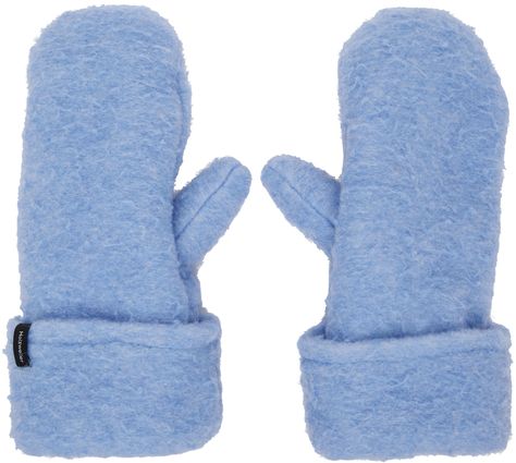 Brushed wool-blend fleece mittens in blue. · Pilling throughout · Logo patch at rolled cuffs Supplier color: Light blue Blue Couple, Fleece Mittens, Blue Mittens, April Crafts, Blue Gloves, Black Leather Gloves, Long Gloves, Touch Screen Gloves, Knit Mittens