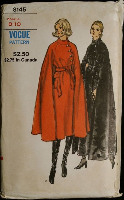 Poncho Coat Patterns | Vintage 60s Sewing Pattern Womens Elegant Cape Coat Pattern Vogue 8145 ... Cape Coat Pattern, Elegant Cape, 1960s Vogue, 1970s Sewing Patterns, Patron Vintage, Cape Pattern, Vogue Sewing, Vogue Pattern, Standing Collar