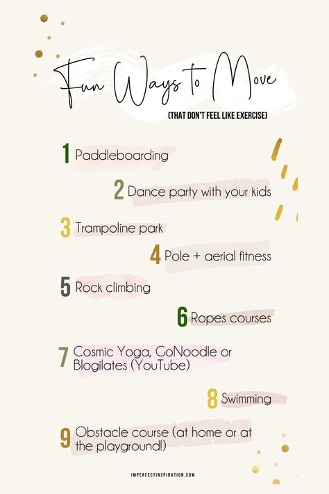 Sometimes "exercise" sounds like hard work, but "movement" can be anything fun that gets you up and active. Check out this list for some creative ways to move your body and get that hit of dopamine. Fun Ways To Exercise, Ways To Exercise, Ropes Course, Trampoline Park, Move Your Body, Sounds Like, Hard Work, Work Hard, Feel Like