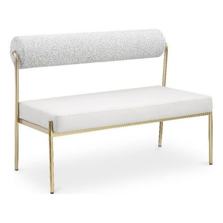 Transform your dining area with this Carly cream vegan leather seat/boucle fabric back bench. Its cream vegan leather seat provides you with a soft place to sit, while its rich cream boucle back amps up the comfort level an extra notch. Its brushed brass iron frame ensures stability and durability, so you can enjoy this bench for years to come. This bench is perfect for any home featuring a contemporary design. Features: Soft Cream Vegan Leather Seat Rich Cream Boucle Fabric Back Brushed Brass F