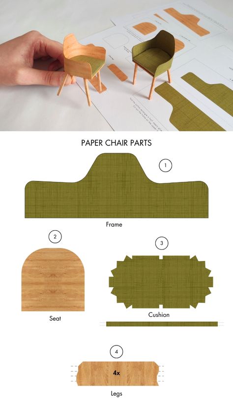 Blueprint for crafting a miniature paper chair model. The printable template is available in 1:12 and 1:24 scale. You can use this diagram to make your own version from different materials. Paper Crafts Diy Printable, Paper Chair Template, Doll House Printables Templates, Miniature Making Tutorials, Furniture Model Making, Paper Craft Model, Paper Chair Craft, Miniature Furniture Templates Free Printable, Diy Miniature Paper Crafts