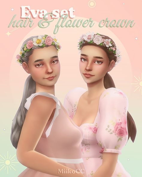 Eva set 💐 Hair & flower crown | Miiko on Patreon Hair Flower Crown, Sims 4 Wedding Dress, Los Sims 4 Mods, Flower Crown Hairstyle, Sims 4 Mm Cc, Bohemian Style Wedding, Casas The Sims 4, Sims 4 Mm, Sims 4 Update