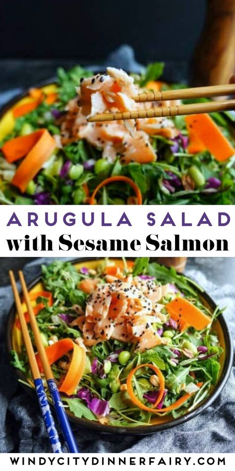 Salmon Arugula, Sesame Salmon, Side Dishes For Salmon, Edamame Recipes, Arugula Recipes, Healthy Asian, Salmon Salad Recipes, Healthy Asian Recipes, Asian Recipe