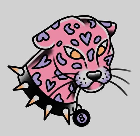 Traditional Pink Panther Tattoo, Pink Panther Tattoo, Leapord Traditional Tattoo, American Traditional Panther Head, Heart Leopard Tattoo Traditional, Traditional Panther Head, Ed Hardy Designs, Panther Tattoo, Sharpie Tattoos